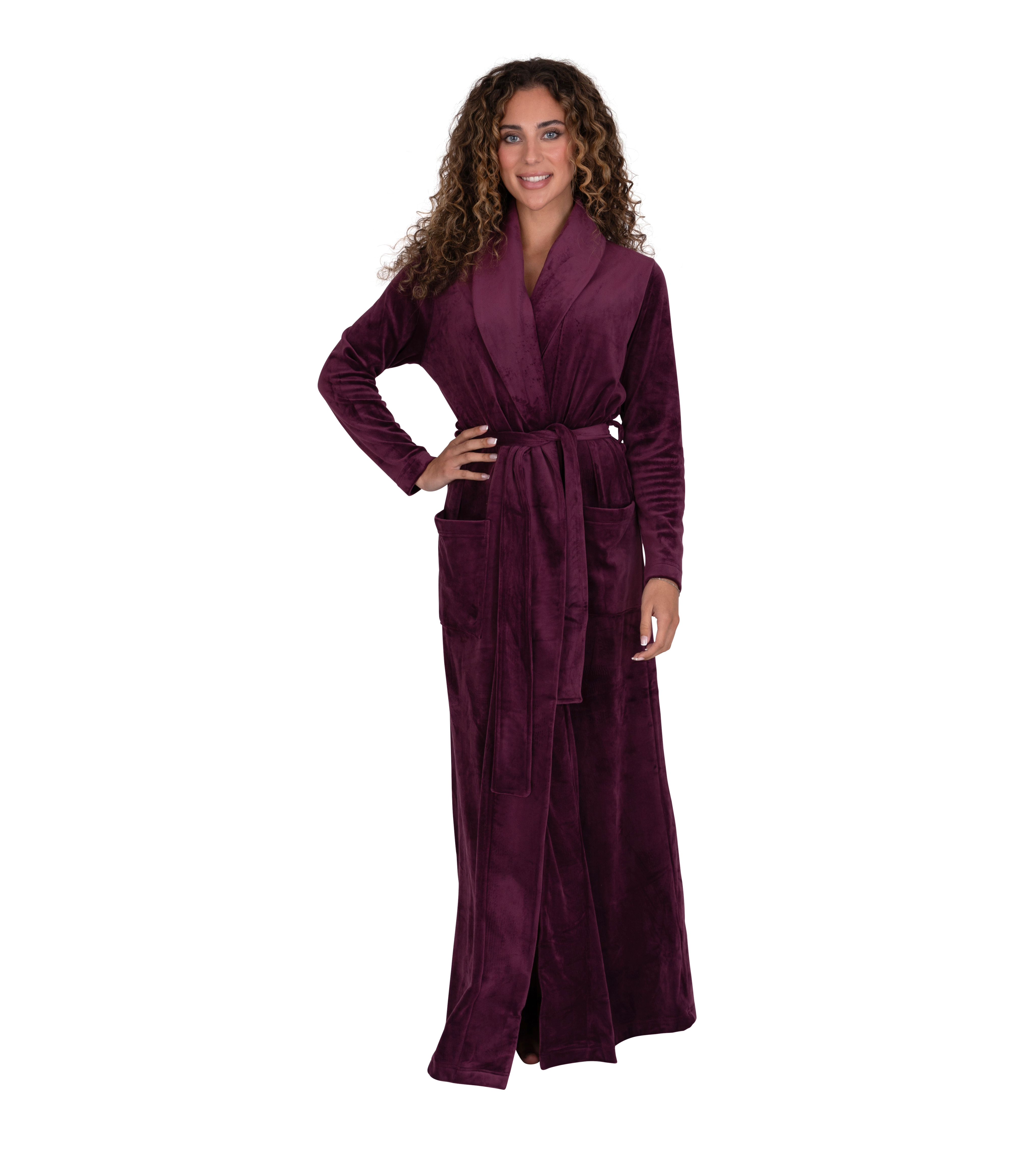 Ultra Soft Plush Velour Belted Shawl Collar Wrap Robe Burgundy