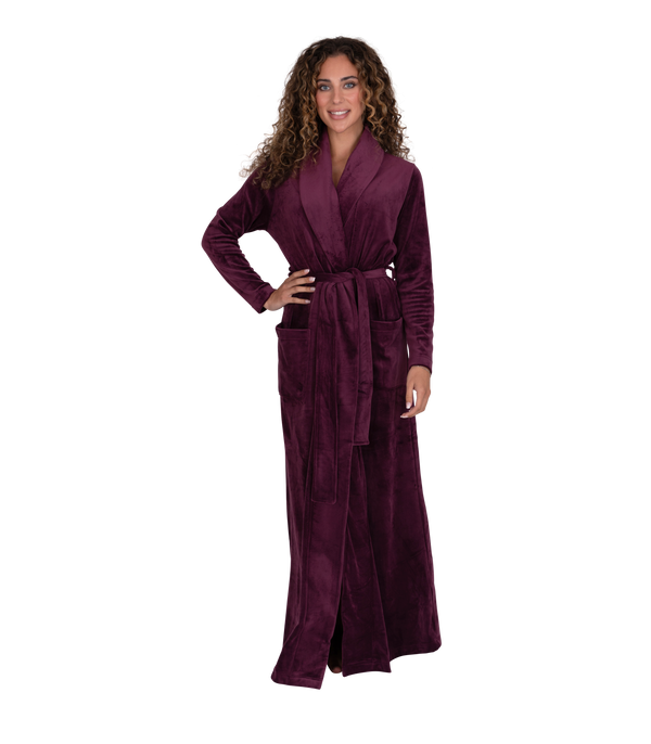 Ultra Soft Plush Velour Belted Shawl Collar Wrap Robe Burgundy