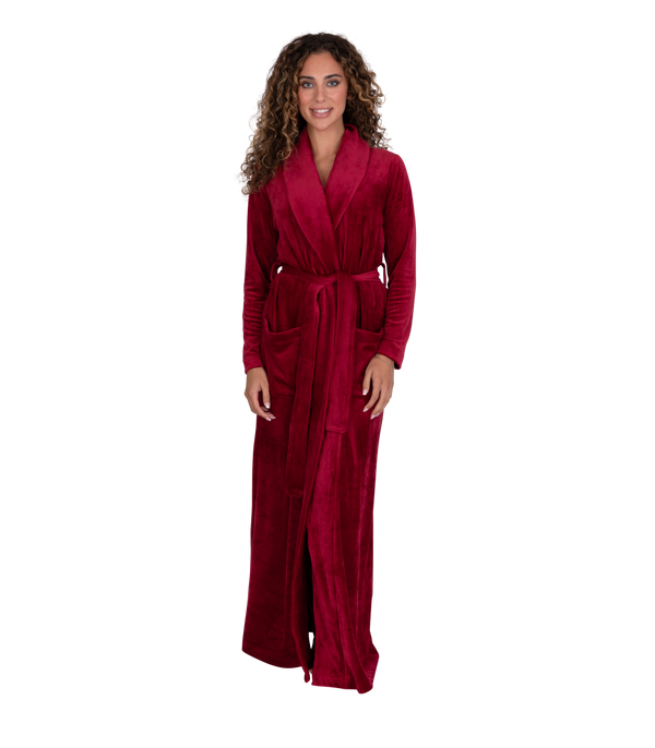 Ultra Soft Plush Velour Belted Shawl Collar Wrap Robe Cranberry