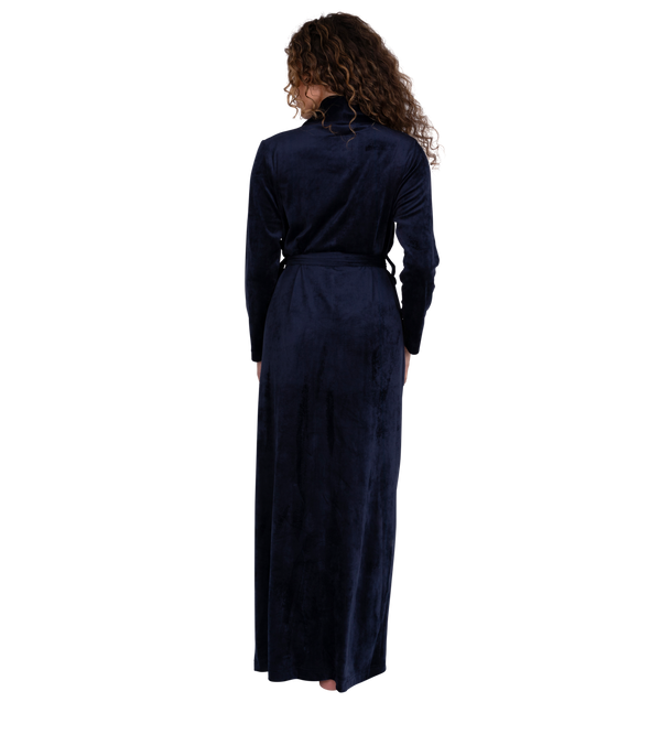 Ultra Soft Plush Velour Belted Shawl Collar Wrap Robe Navy