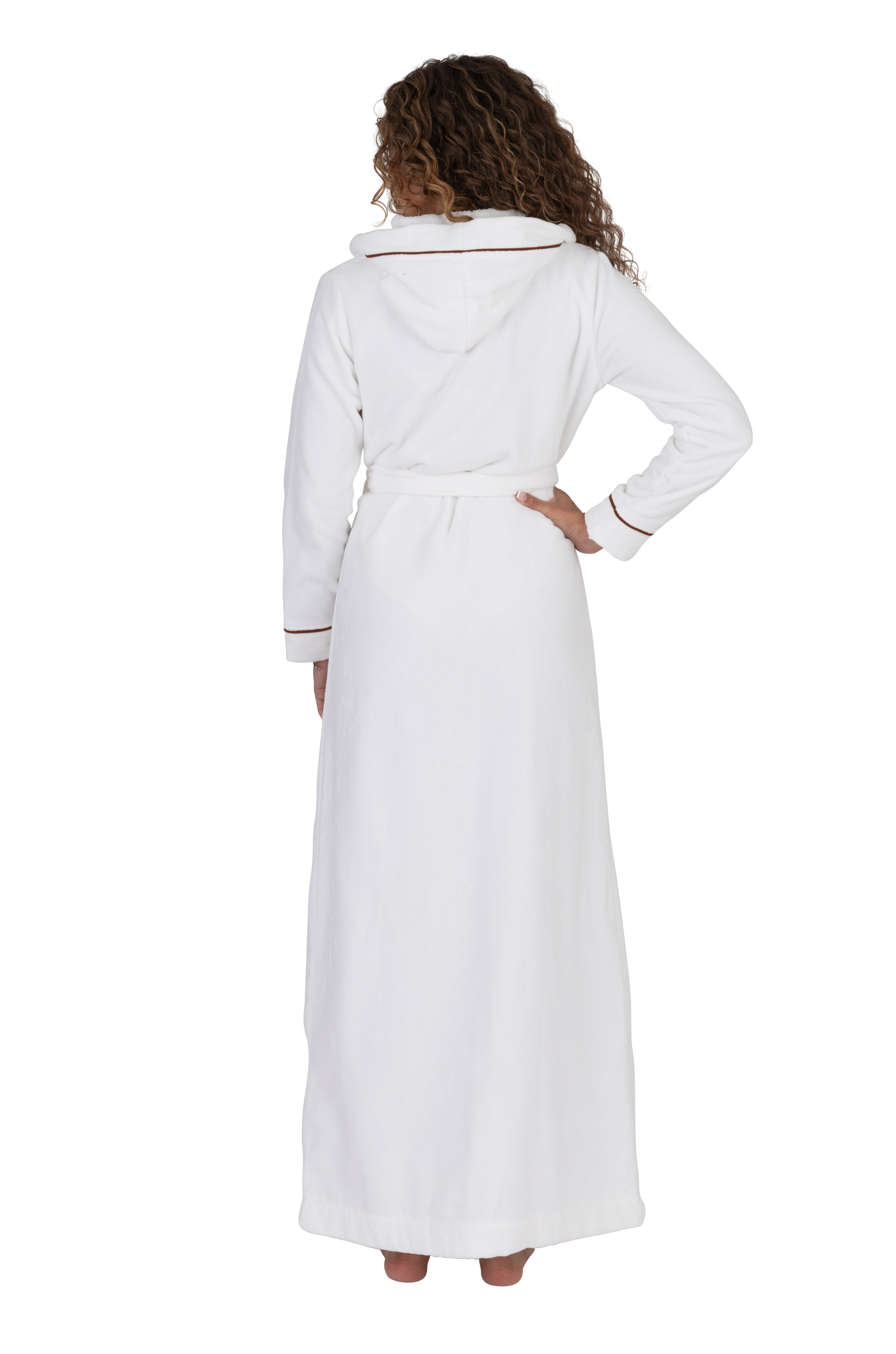 Long Terry Wrap Belted Bathrobe with Hood Piped Trim White Mocha