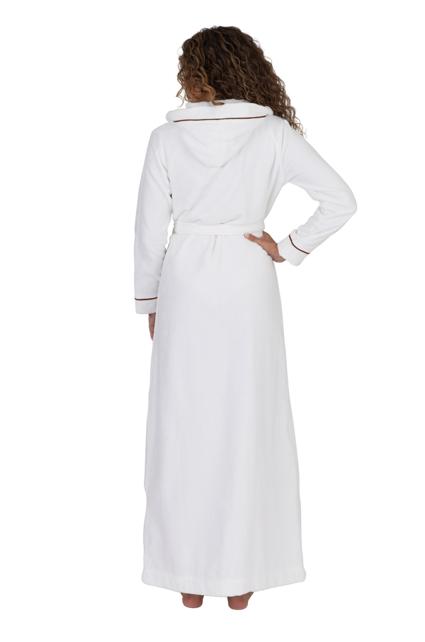 Long Terry Wrap Belted Bathrobe with Hood Piped Trim White Mocha