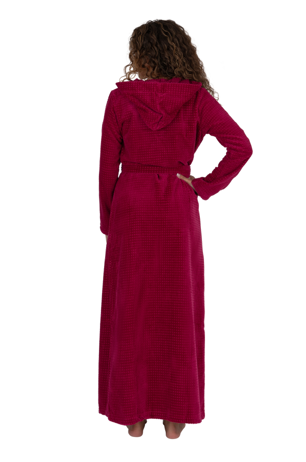Terry Wrap Long Waffle Textured Belted Bathrobe With Hood Raspberry