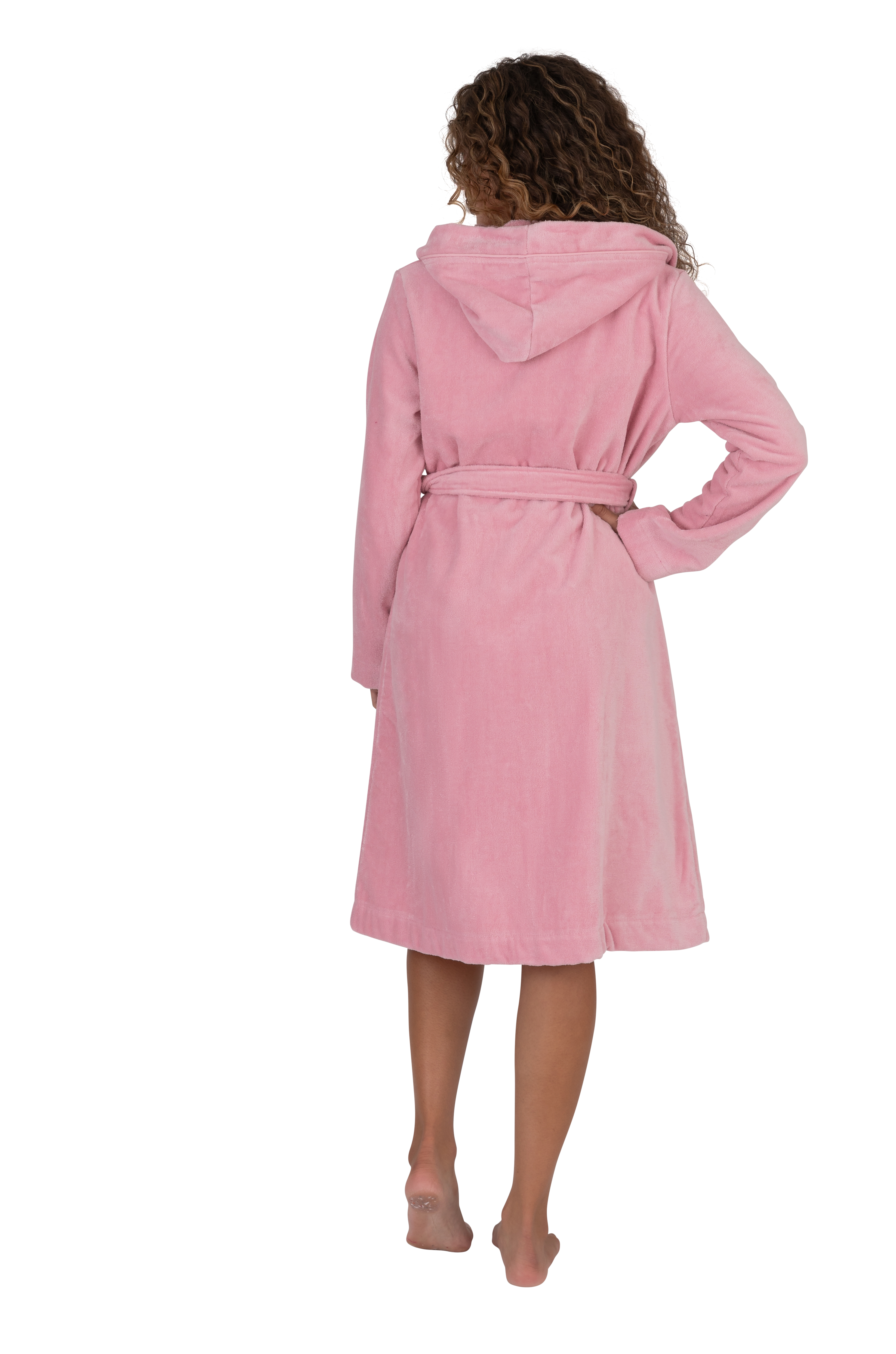 Terry Wrap Short Belted Hoodie Bathrobe with Piped Trim Pink