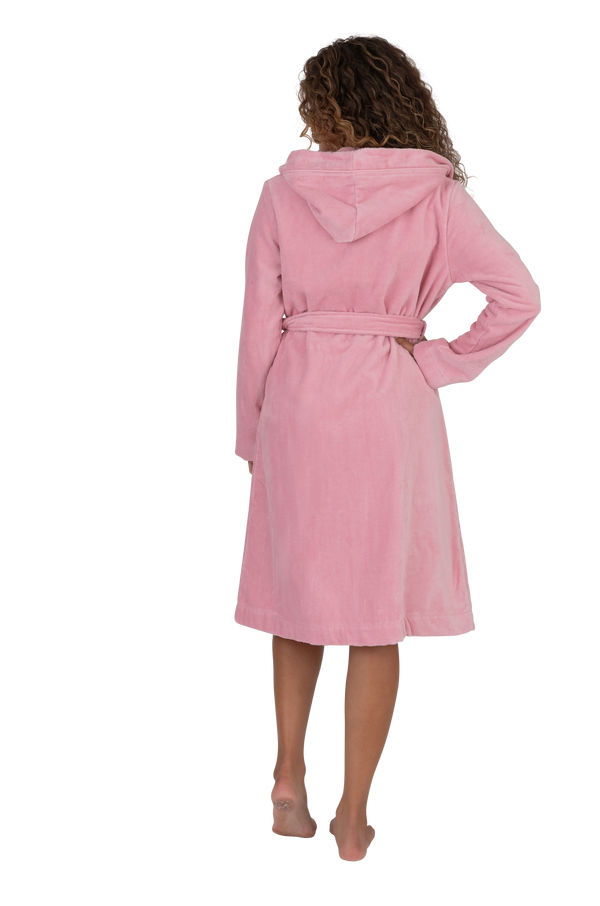 Terry Wrap Short Belted Hoodie Bathrobe with Piped Trim Pink