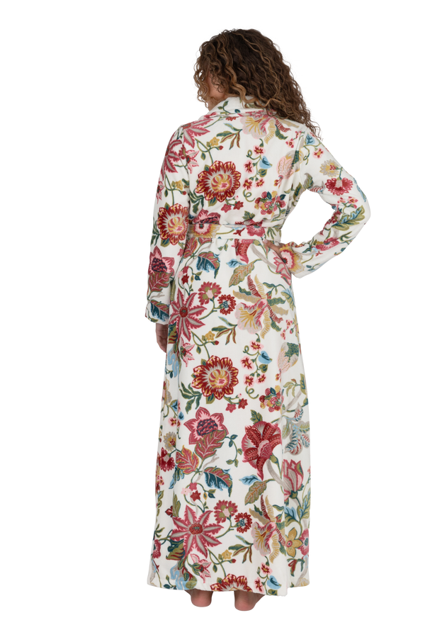 Terry Wrap Long Belted Bathrobe With Floral