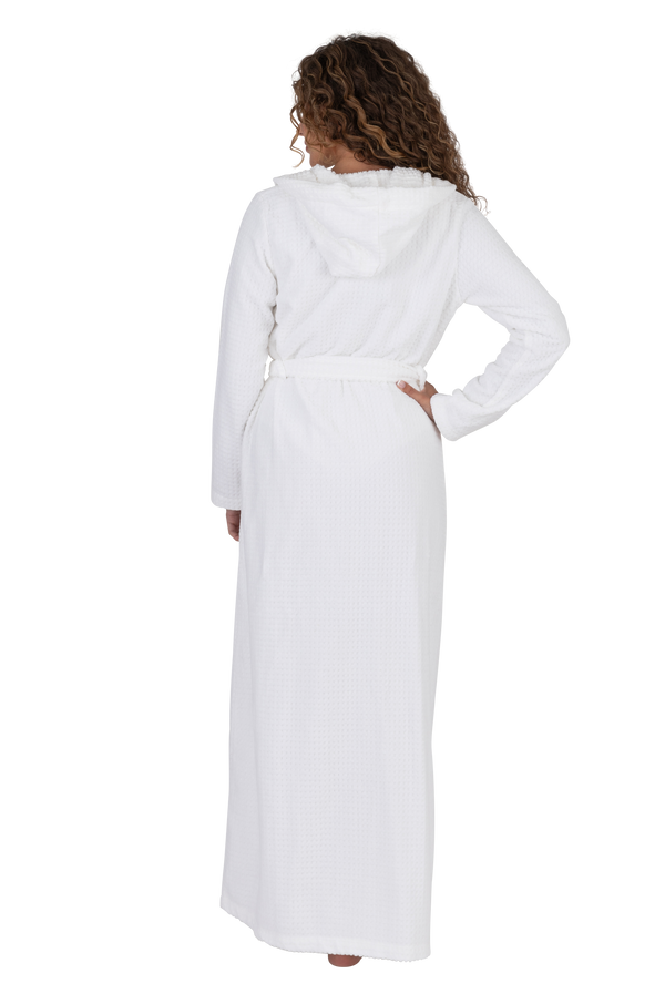 Terry Wrap Long Waffle Textured Belted Bathrobe With Hood White
