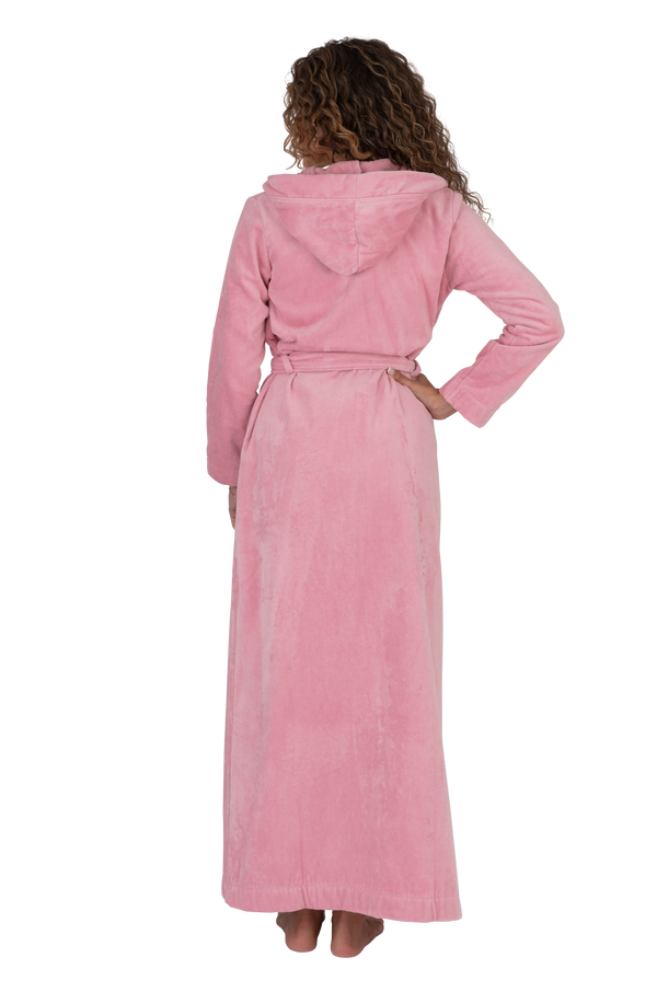 Terry Wrap Long Belted Bathrobe With Hood Pink