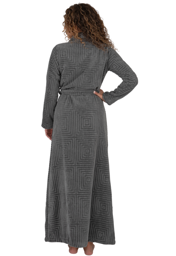 Terry Wrap Long Geometric Belted Bathrobe With Shawl Collar Gray