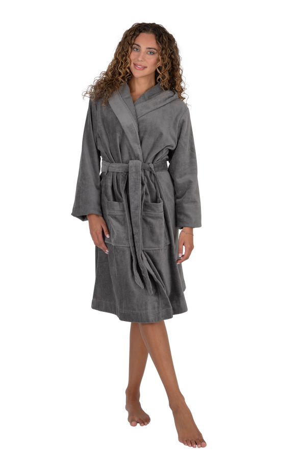 Terry Wrap Short Belted Hoodie Bathrobe with Piped Trim Gray