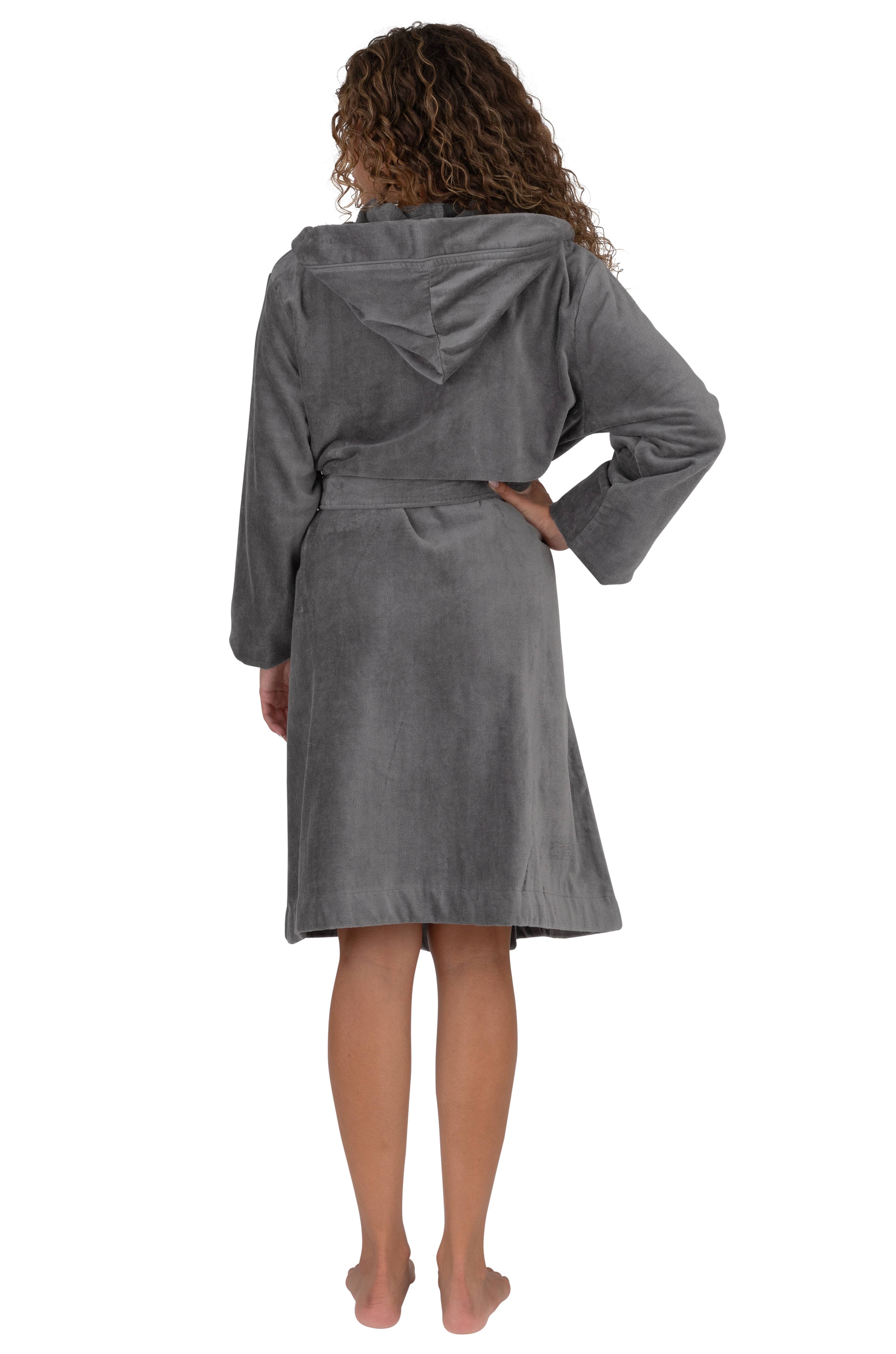 Terry Wrap Short Belted Hoodie Bathrobe with Piped Trim Gray