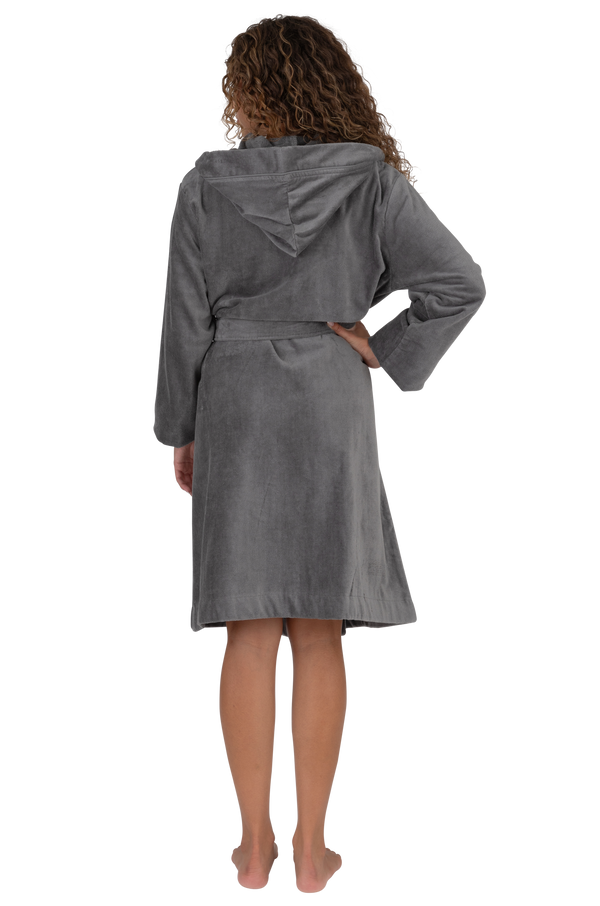 Terry Wrap Short Belted Hoodie Bathrobe with Piped Trim Gray