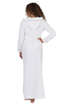 Long Terry Wrap Belted Bathrobe with Hood Piped Trim White Gray