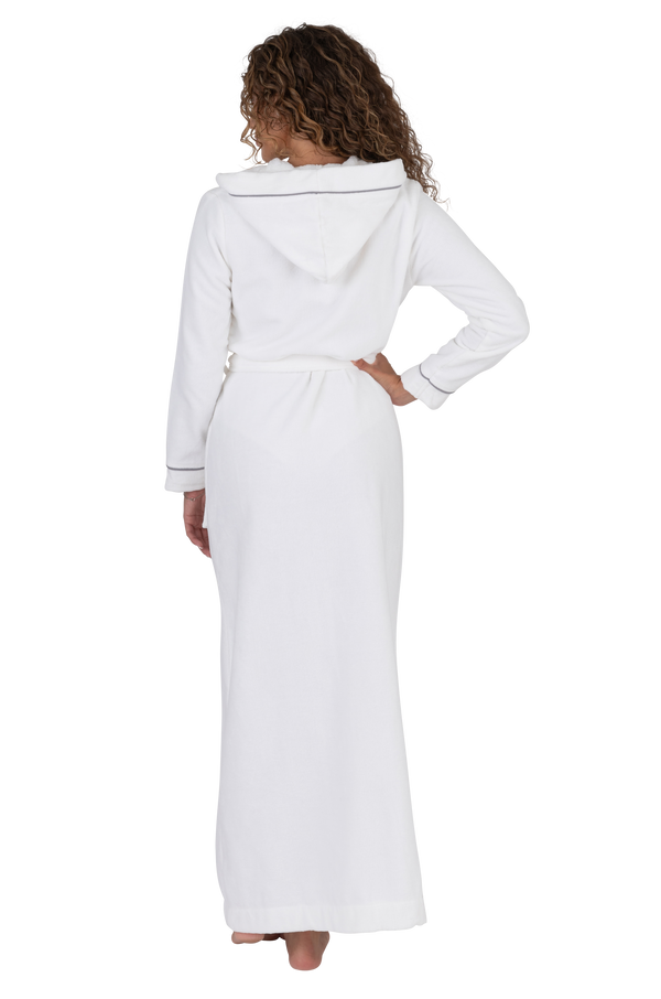 Long Terry Wrap Belted Bathrobe with Hood Piped Trim White Gray