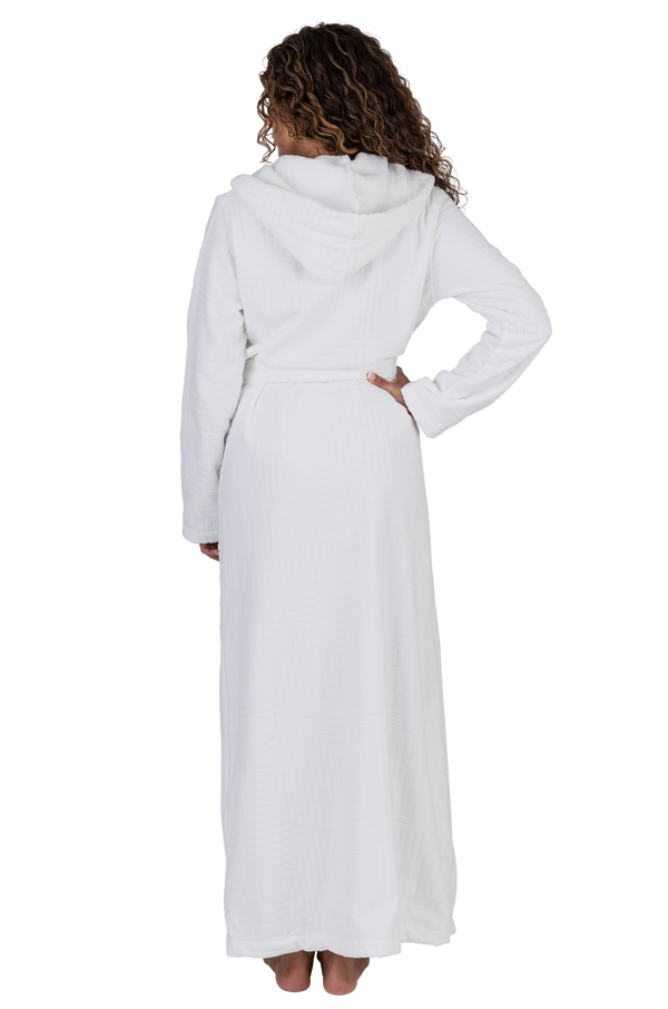 Terry Wrap Long Geometric Belted Bathrobe With Hood White