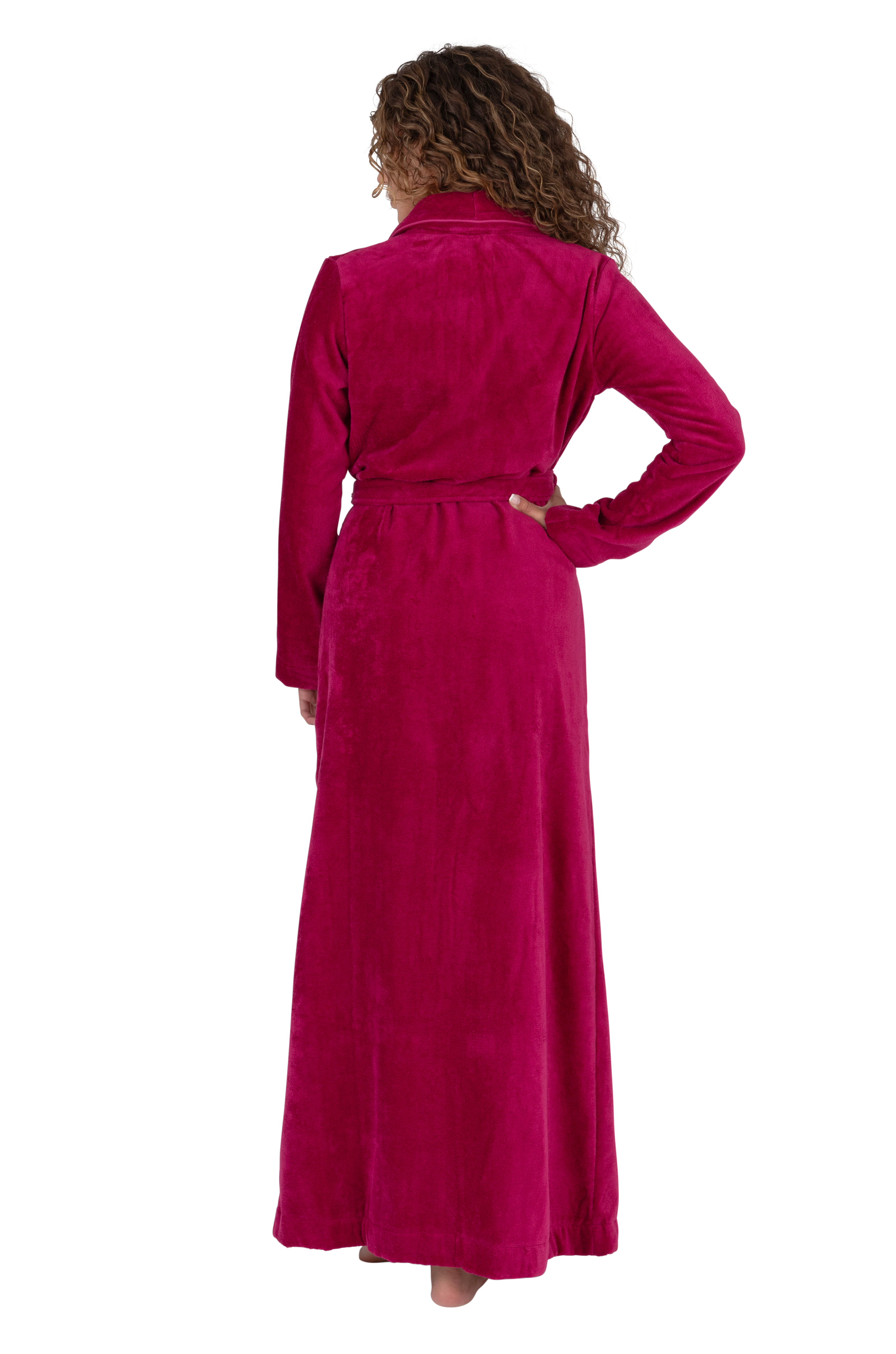 Terry Wrap Long Belted Bathrobe with Piped Trim Raspberry