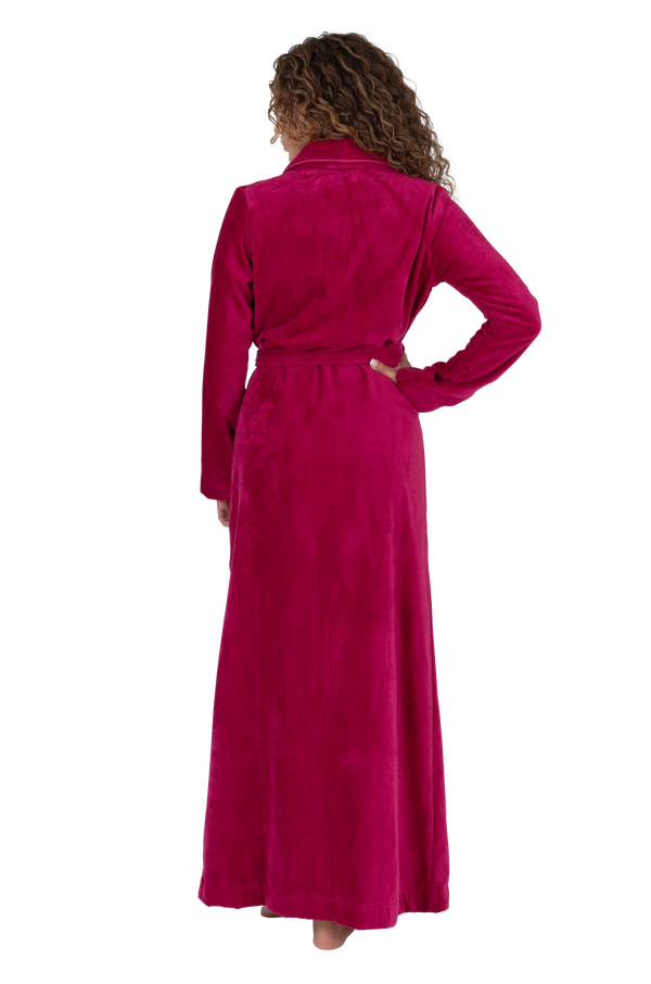 Terry Wrap Long Belted Bathrobe with Piped Trim Raspberry