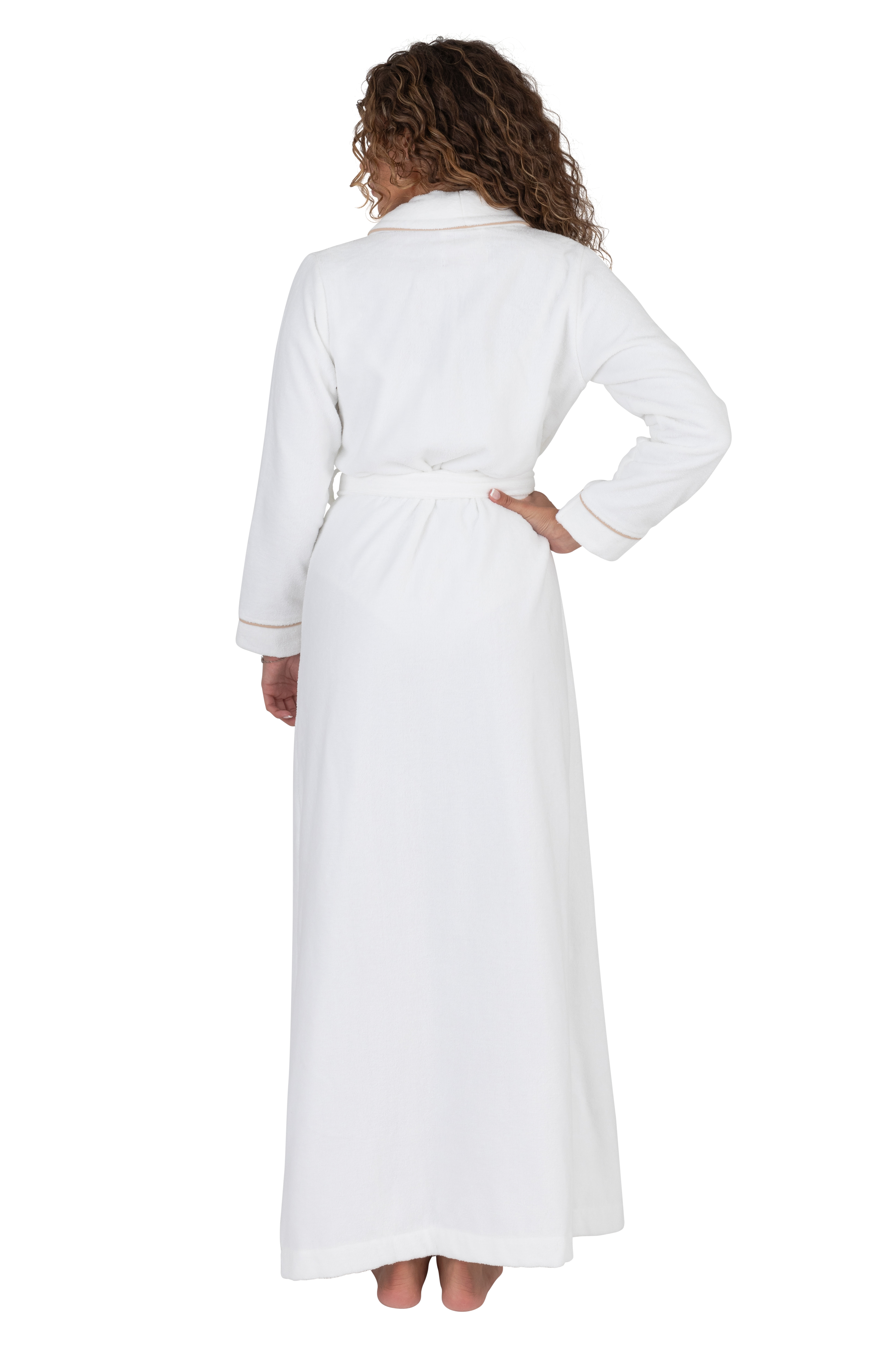 Long Terry Wrap Belted Bathrobe with Piped Trim White Mocha