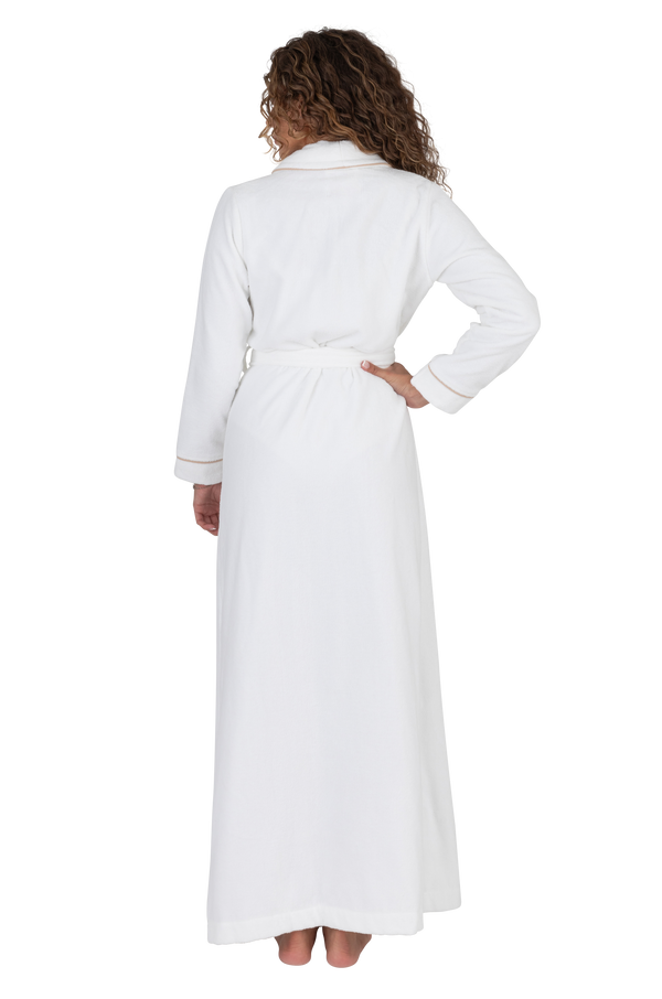Long Terry Wrap Belted Bathrobe with Piped Trim White Mocha