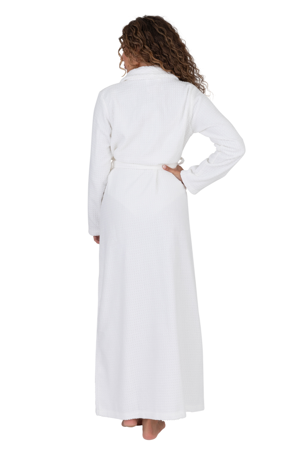 Terry Wrap Long Waffle Textured Belted Bathrobe With Shawl Collar White