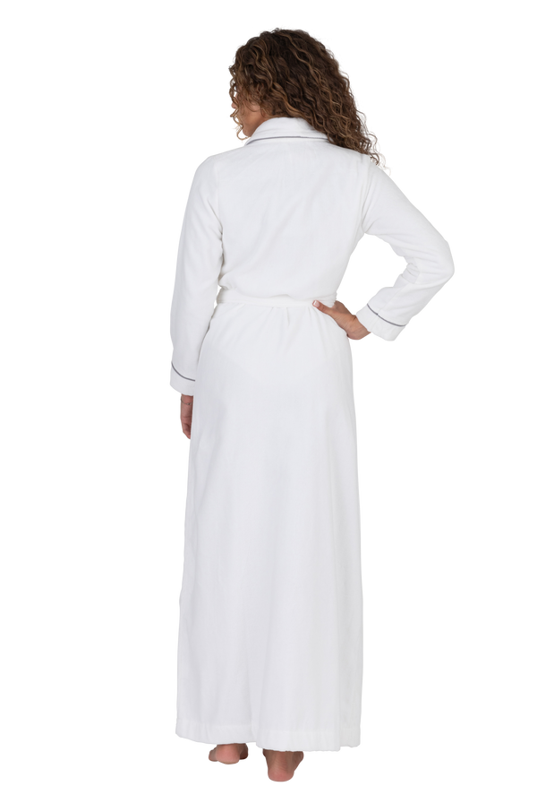 Terry Wrap Long Belted Bathrobe With Piped Trim White Gray