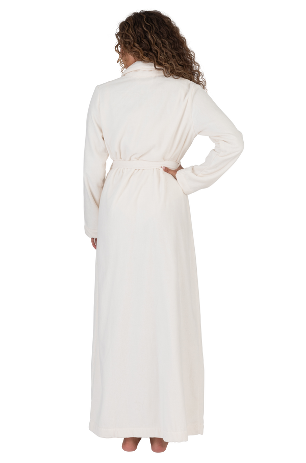 Terry Wrap Long Belted Bathrobe with Piped Trim Ivory