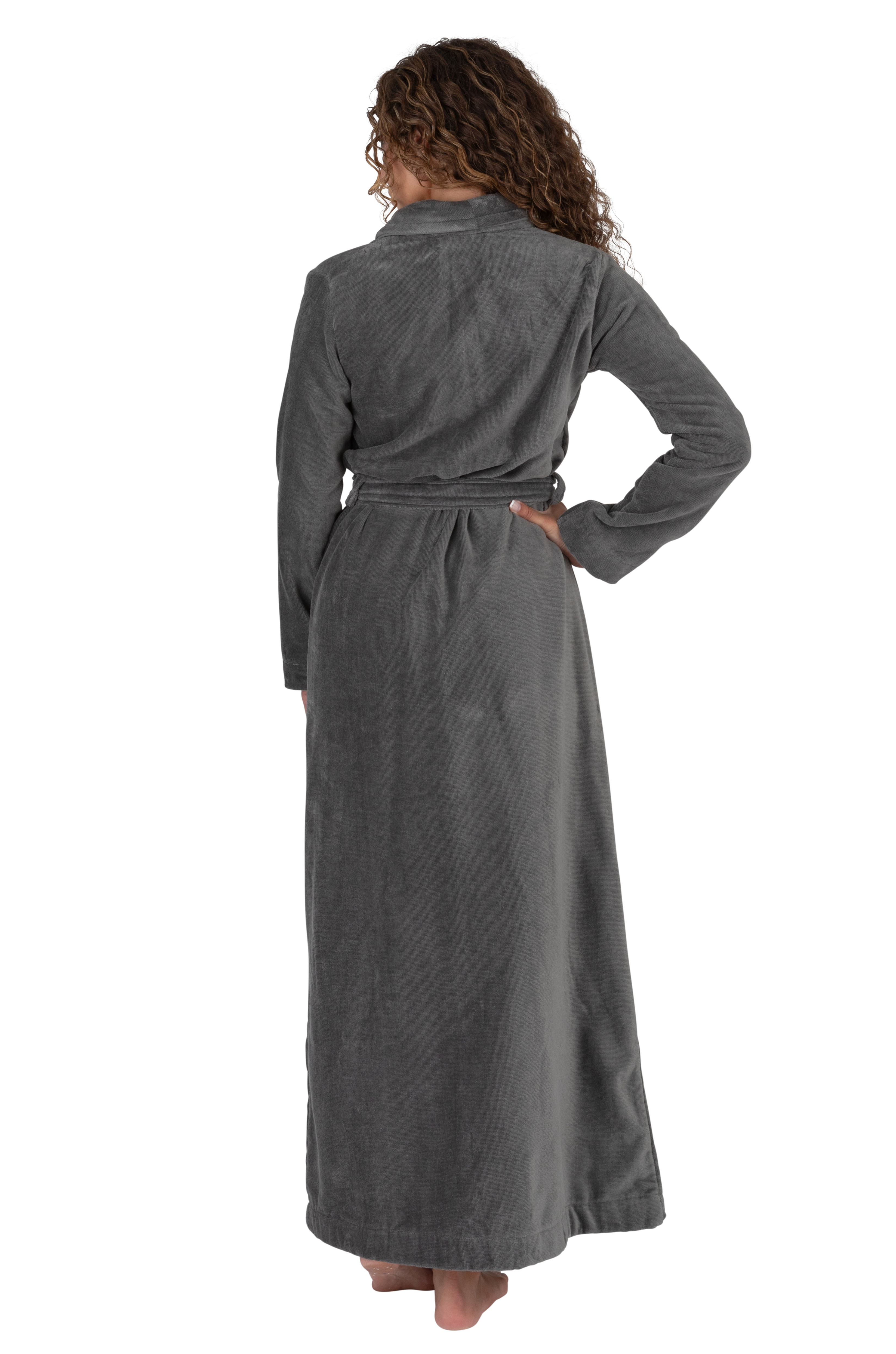 Terry Wrap Long Belted Bathrobe with Piped Trim Gray