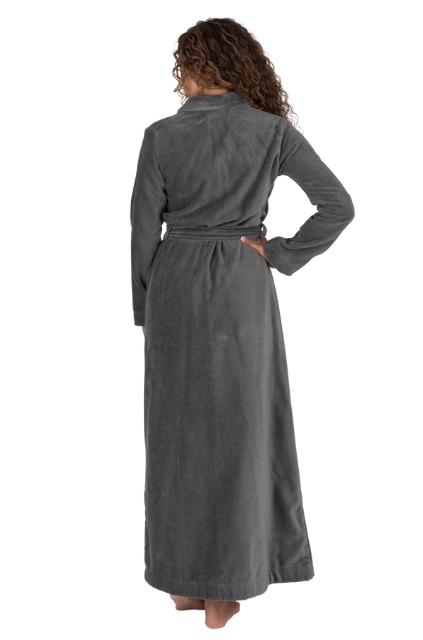 Terry Wrap Long Belted Bathrobe with Piped Trim Gray