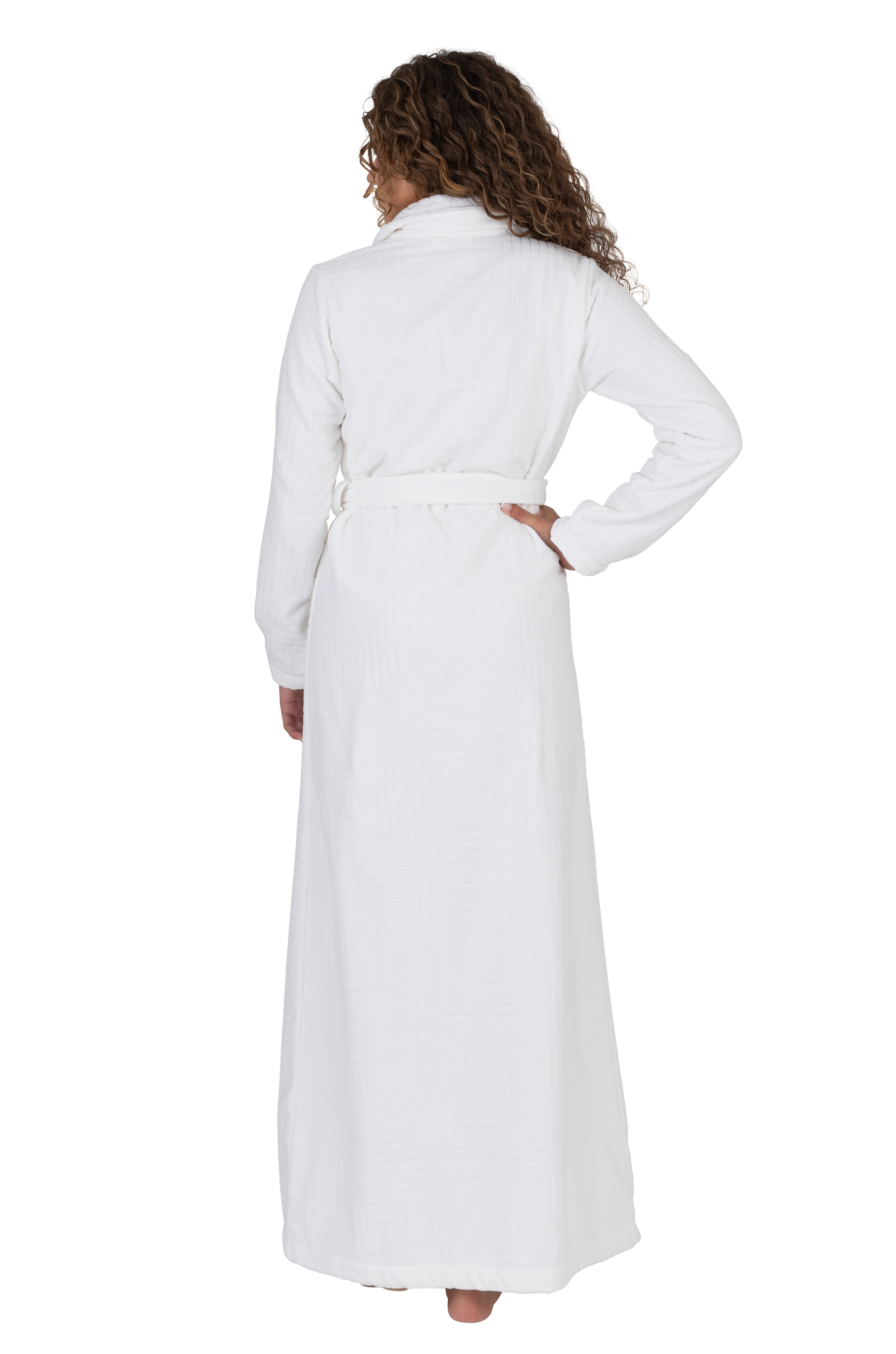 Terry Wrap Long Geometric Belted Bathrobe With Shawl Collar White