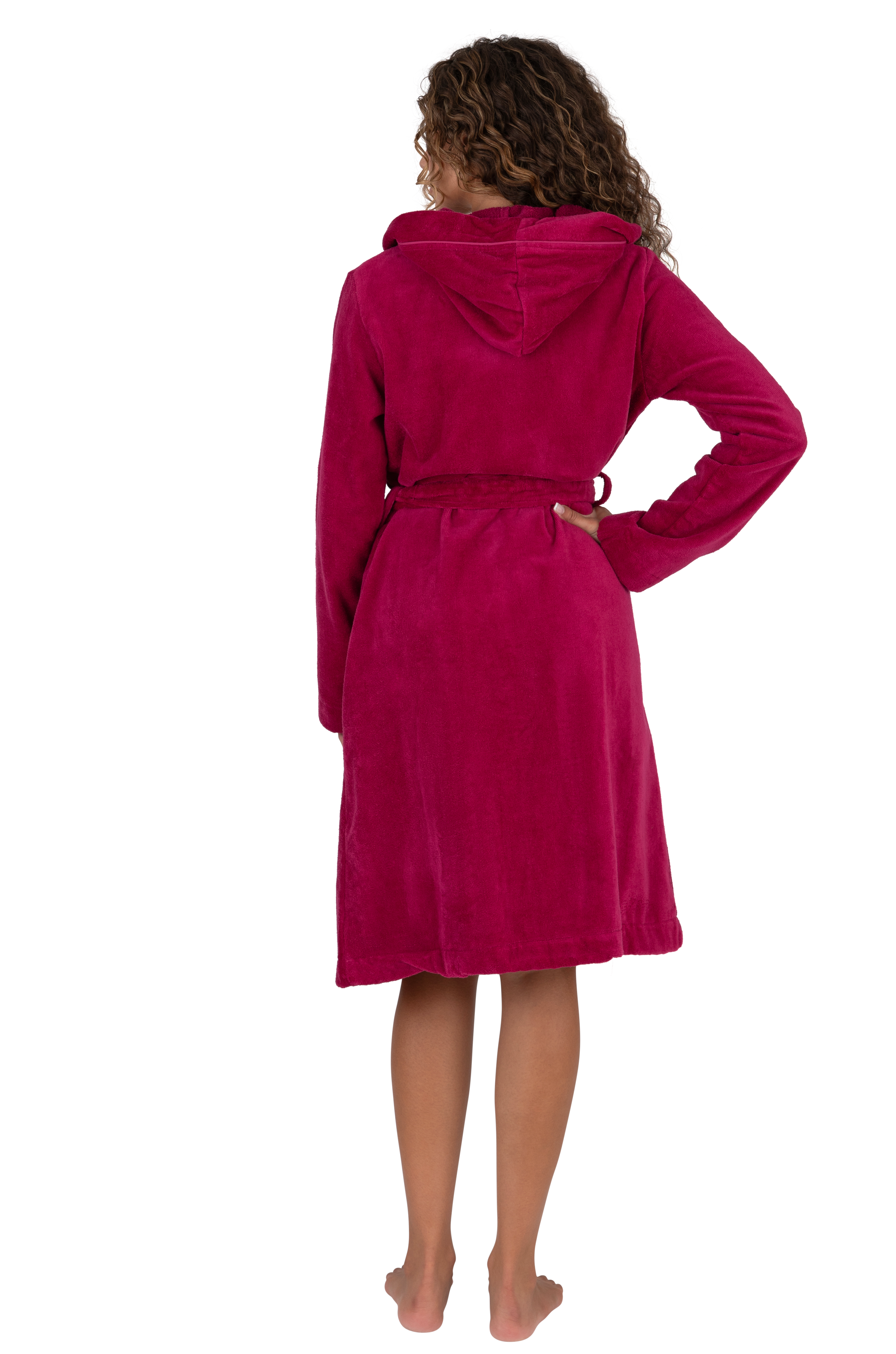 Terry Wrap Short Belted Hoodie Bathrobe with Piped Trim Raspberry