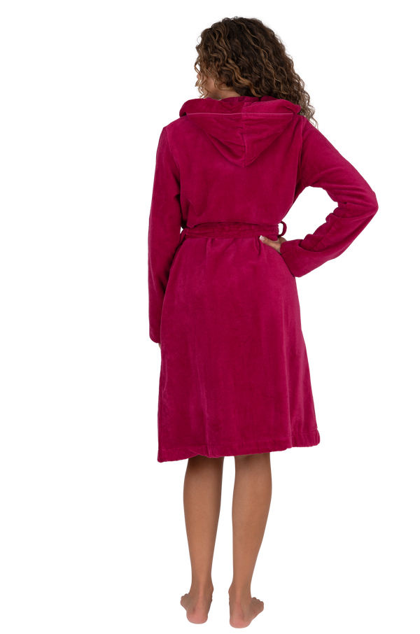 Terry Wrap Short Belted Hoodie Bathrobe with Piped Trim Raspberry