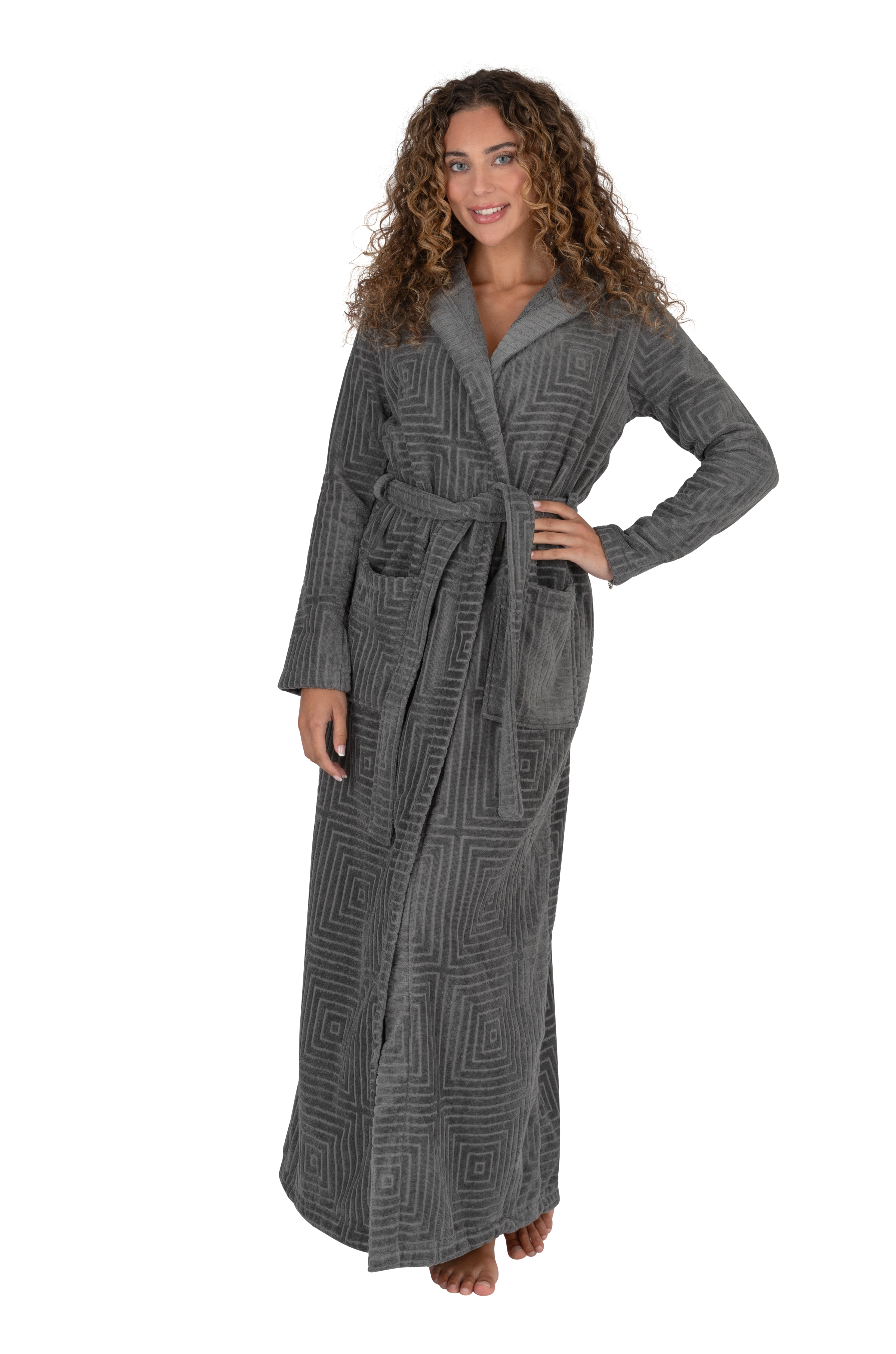 Terry Wrap Long Geometric Belted Bathrobe With Hood Gray