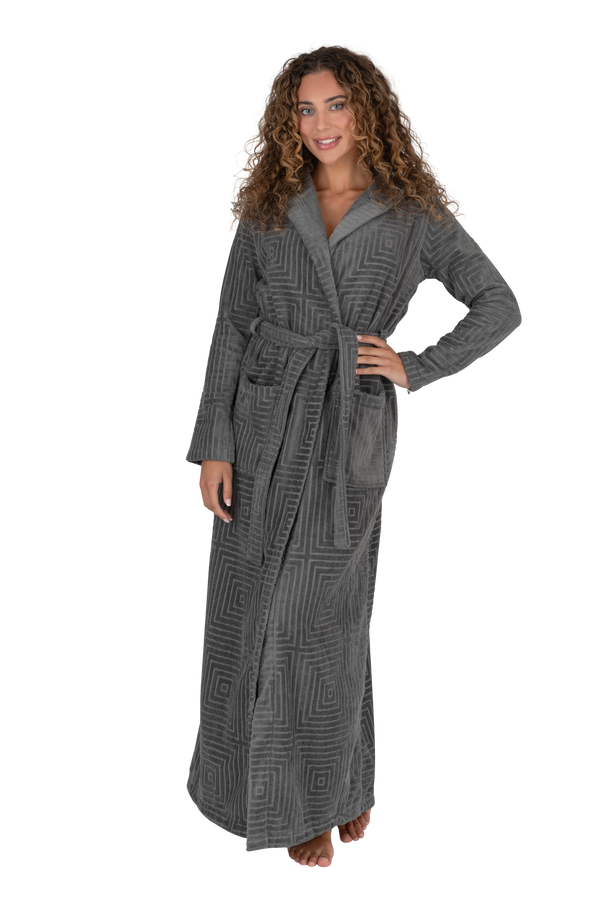 Terry Wrap Long Geometric Belted Bathrobe With Hood Gray