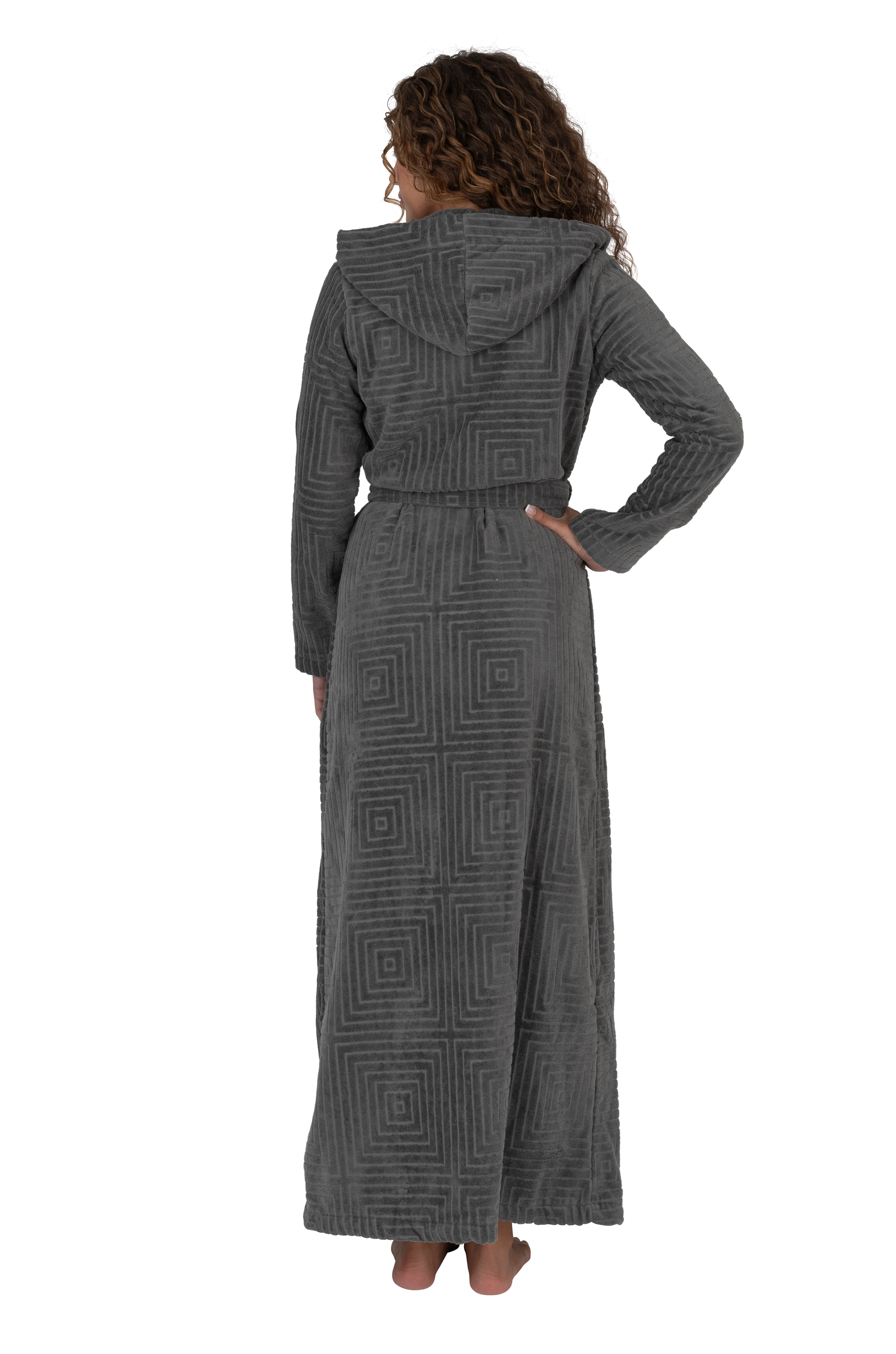 Terry Wrap Long Geometric Belted Bathrobe With Hood Gray