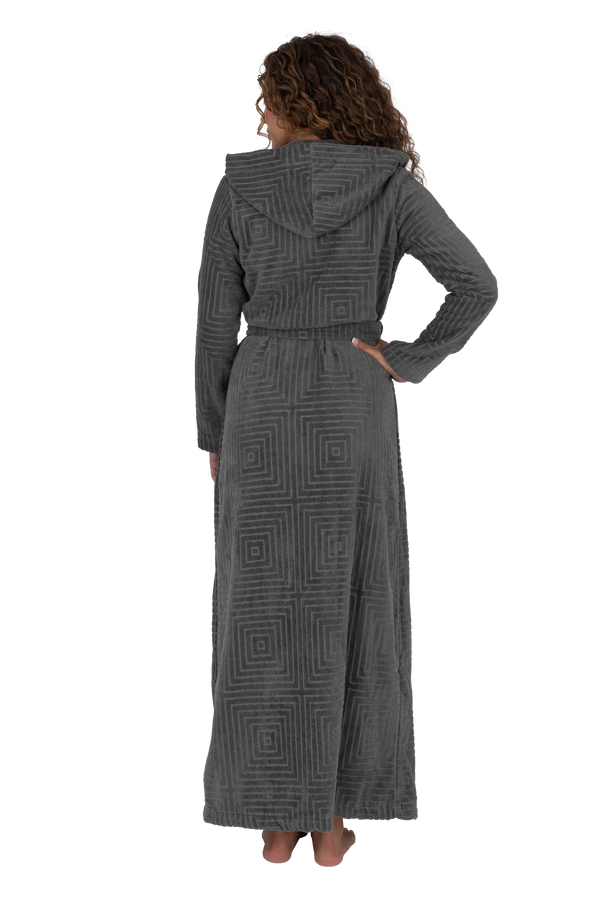 Terry Wrap Long Geometric Belted Bathrobe With Hood Gray