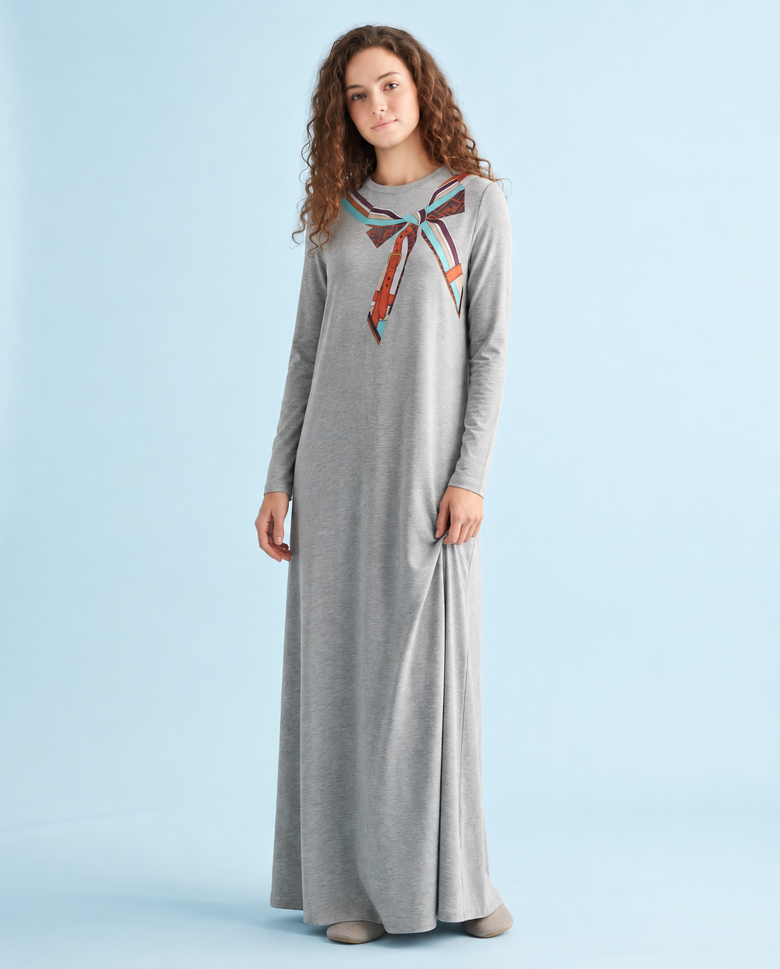 Long-sleeve gray nightgown with a relaxed floor-length fit and colorful scarf print at the neckline