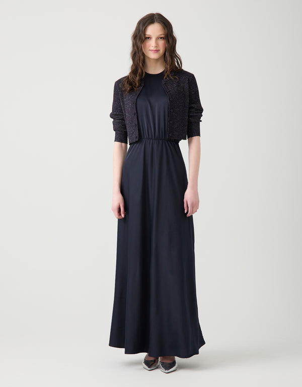 Satin Sleeveless Elastic Waist Maxi Crew Dress Navy