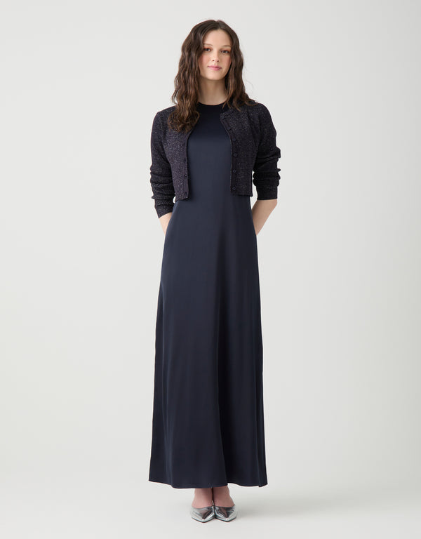 Satin Sleeveless Maxi Crew Shift Dress Navy