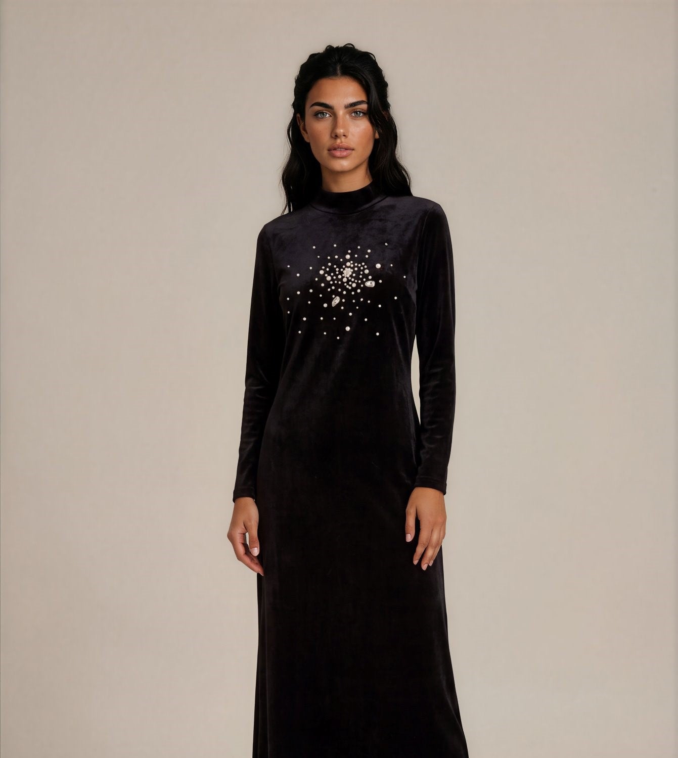 Black Velvet Crystal Burst Maxi Dress