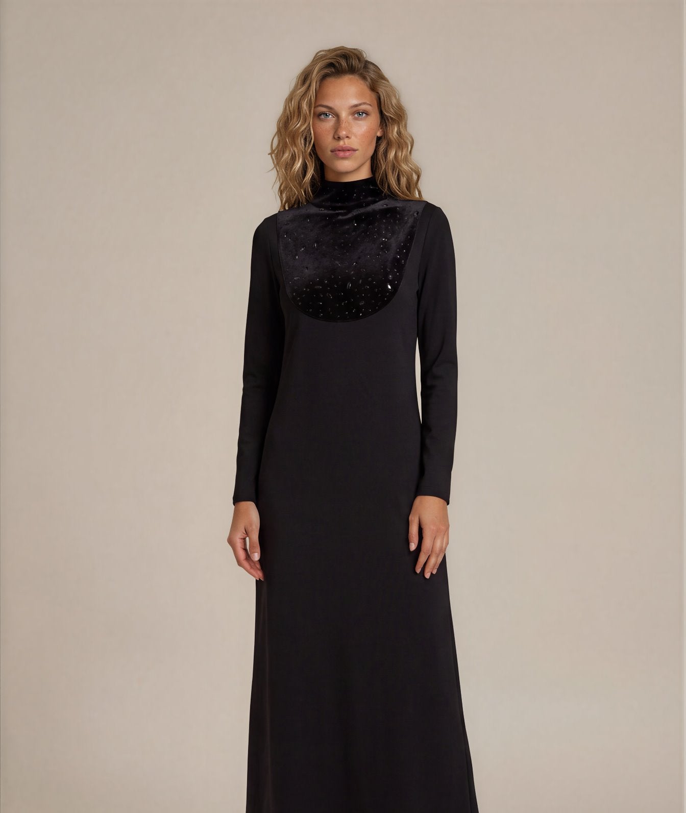 Black Crystal Velvet Bib Maxi Dress