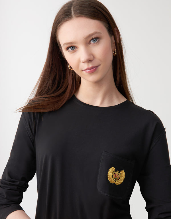 Exposed Seam Nightgown with Gold Crest Black