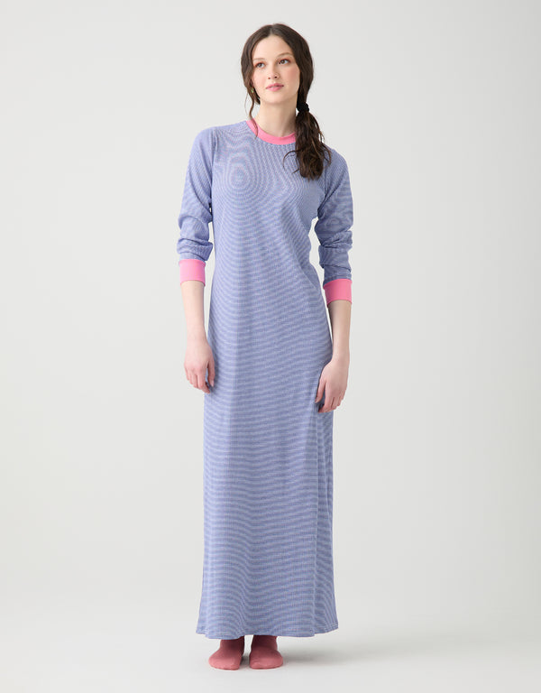 Striped Pull On Nightgown with Contrast Rib Blue Pink