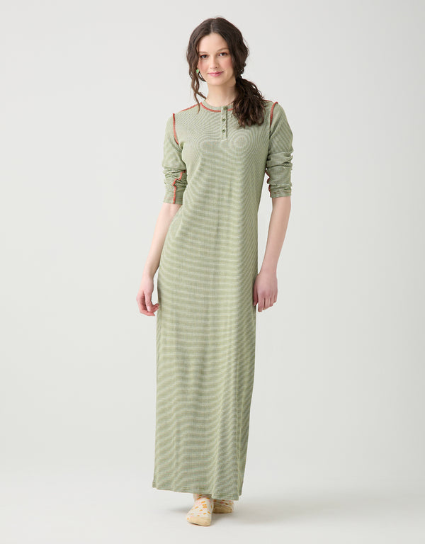 Button Nightgown with Stitched Seams Olive Stripe