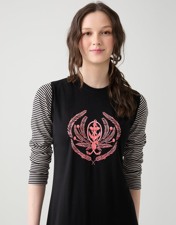 Pull On Nightgown with Crest Motif Black Stripe