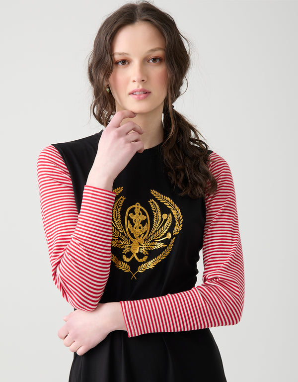 Pull On Nightgown with Crest Motif Red Stripe