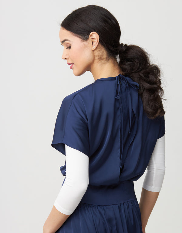 Satin Dropwaist Lined Maxi Dress Shabbos Robe with Back Tie Blue