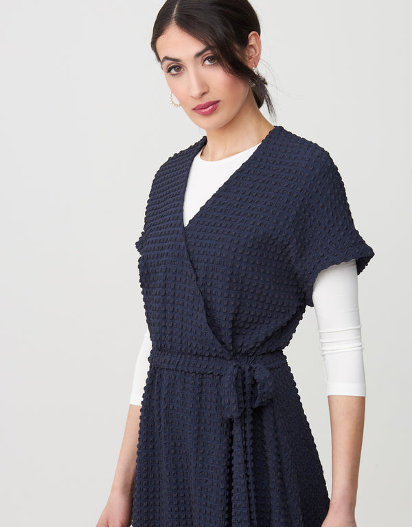 Satin Seersucker Lined Mock Wrap Maxi Dress Shabbos Robe with Self Tie Navy