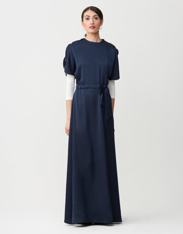 Satin Petal Sleeve Maxi Dress Shabbos Robe with Side Zip and Enclosed Self Tie Navy