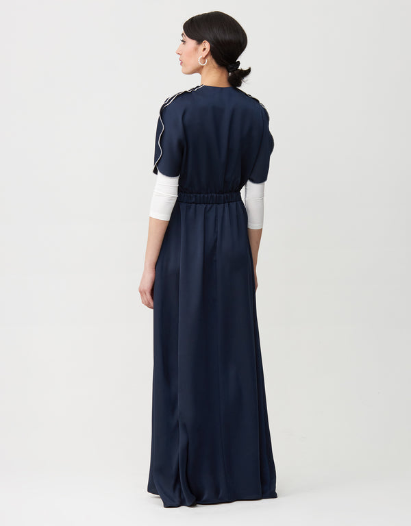 Satin Petal Sleeve Maxi Dress Shabbos Robe with Side Zip and Enclosed Self Tie Navy