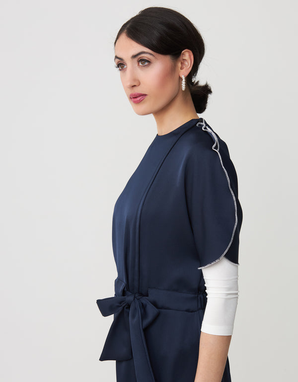 Satin Petal Sleeve Maxi Dress Shabbos Robe with Side Zip and Enclosed Self Tie Navy